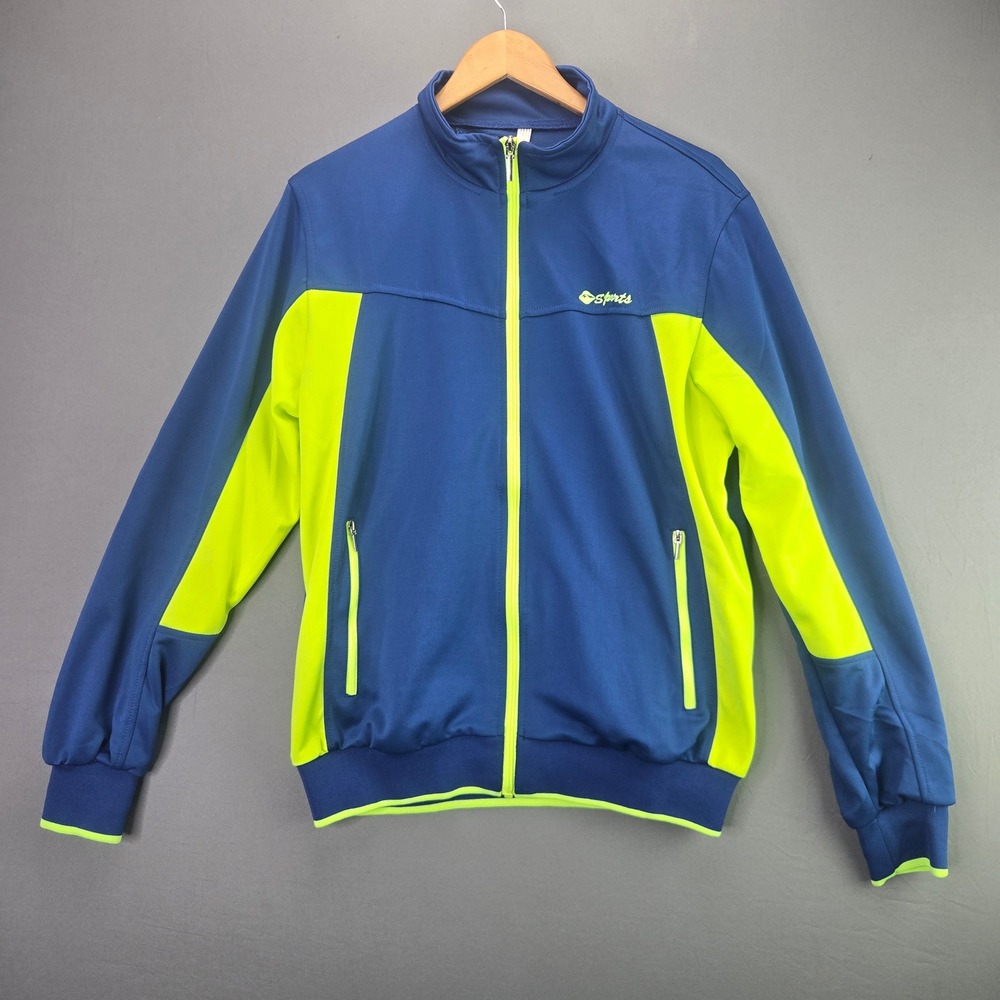 Sports Track Jacket Full Zip Mock Neck Size M Blue Neon Green Reflective Running